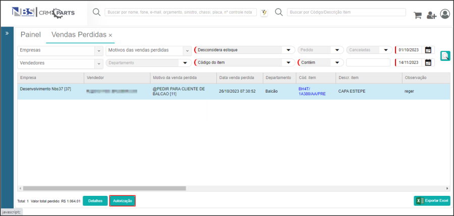 CRM Parts - Relatórios - Vendas Perdidas - Botão Autorização1.png