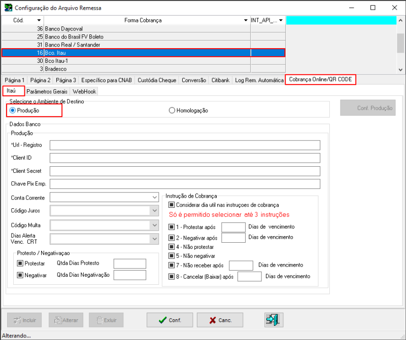 Sisfin - Tabelas - Cobrança Bancária - Configura Empresa-Banco - Aba Página 3 - Parâmetro Cobrança Online QRCODE - Itaú - Botão Produção.png