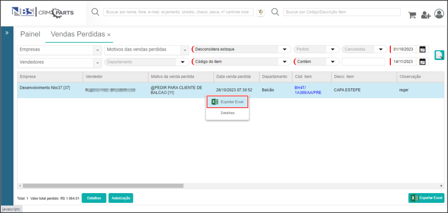 CRM Parts - Relatórios - Vendas Perdidas - Botão Exportar Excel.png