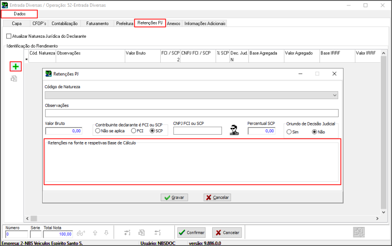 Sisfin - Contas a Pagar - Carteira Contas a Pagar - Aba Contas a Pagar - Botão NF Compra - Botão Incluir Entrada-Só Diversa - Form Entrada Diversas - Aba Dados - Sub Aba Retenções PJ - Base REINF.png