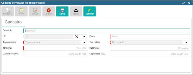CRM Parts - Tabelas - Clientes - Transportadora - Aba Listagem - Botão Veículo - Form Cadastro de Veículos da Transportadora - Botão Novo.png