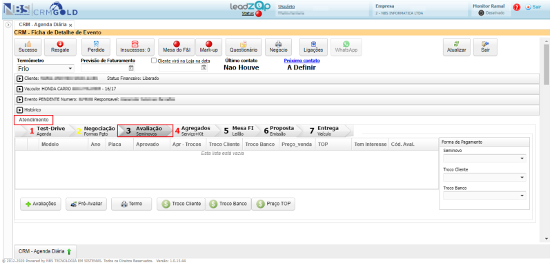 CRM Gold - Controle de Leads - Agenda - Ficha de Detalhe do Evento - Aba Atendimento - Avaliacao.png