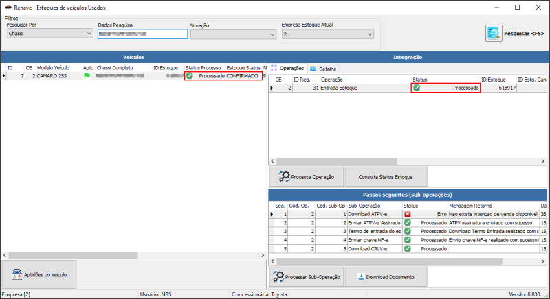 Ger Veic - Renave - Renave Usados - Form Renave Estoque Veic Usados - Sessão Integração - Aba Operações - Status Processado.png