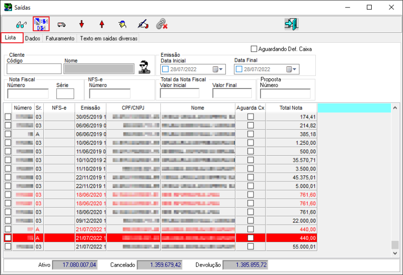 Sisfin - Contas a Receber - Nota Fiscal Venda - Form Saidas - Aba Lista - Botao NBS OS.png