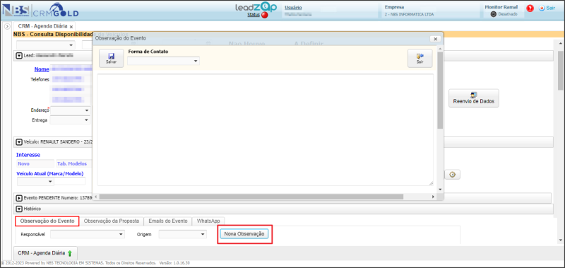 CRM Gold - Tabela - Controle de Lead - Histórico - Observação Evento - Botão Nova Observação.png