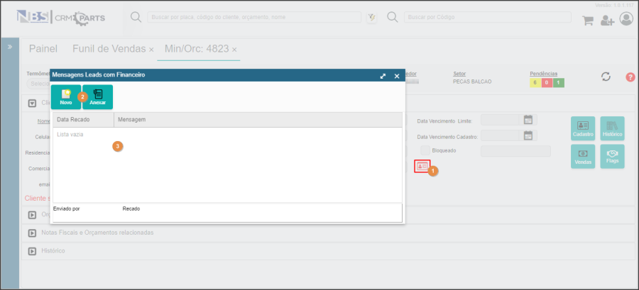 CRM Parts - Funil de Vendas - Orçamento - Aba Cliente - Botão Recado Financeiro.png