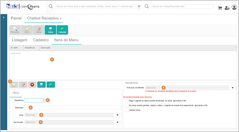 CRM Parts - Tabelas - LeadZap - Chatbot Receptivo - Aba Itens do Menu - Botão Novo - Cadastro.png