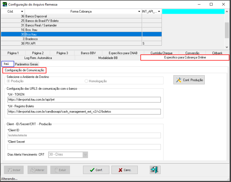 Sisfin - Tabelas - Cobrança Bancaria - Configuração Empresa Banco - Aba Específico para Cobrança OnLine Itau - Configuração de Comunicação.png
