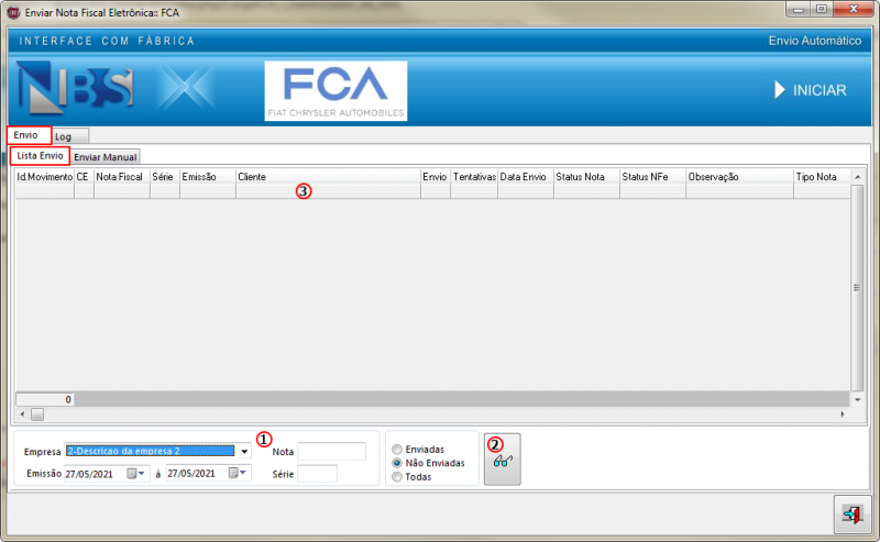 CargaFCA - Aba Gerenciador de XML - Gerenciador de Envio XML - Form Enviar NFE- FCA.png