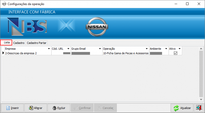 Nisssan Extrator - Parametros - Cruzamento Empresa x Operacao - OP 10 - Aba Lista.png