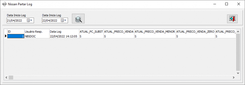 Nisssan Extrator - Parametros - Cruzamento Empresa x Operacao - OP 10 - Aba Cadastro Partar - Botao Log de Par - Form Nissan Partar Log.png