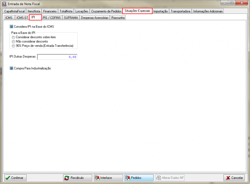 Compras - Botao Incluir - Compra - Form Entrada de Nota Fiscal - Aba Situacoes Especiais - IPI.png