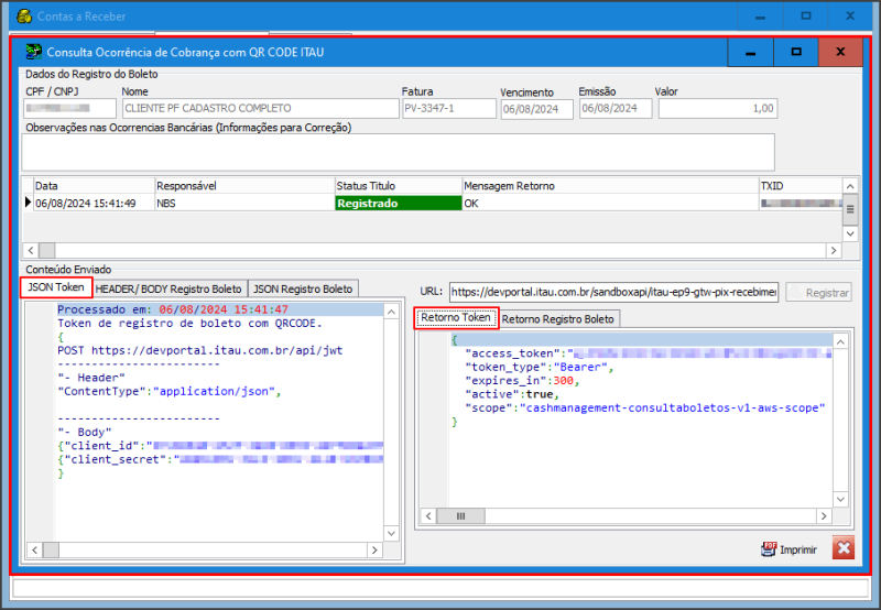 Sisfin - Botão Receber - Form Contas a Receber - Aba Detalhe-Manutenção - Botão QRCODE - Form Consulta Ocorrência - Aba JSON Token-Retorno Token.png