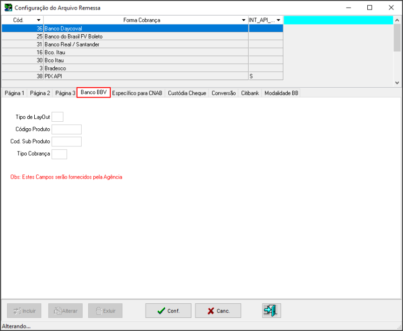 Sisfin - Tabelas - Cobrança Bancaria - Configuração Empresa Banco - Aba Banco BBV.png