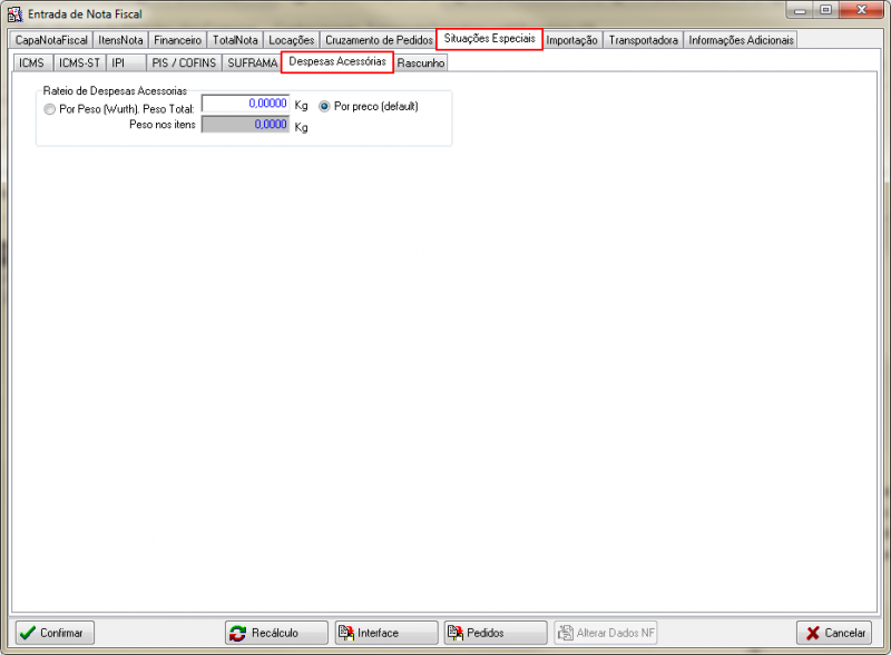 Compras - Botao Incluir - Compra - Form Entrada de Nota Fiscal - Aba Situacoes Especiais - Despesas Acessorias.png