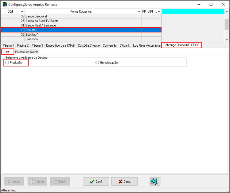 Sisfin - Tabelas - Cobrança Bancária - Configura Empresa-Banco - Aba Página 3 - Parâmetro Cobrança Online QRCODE - Itaú - Botão Produção1.png