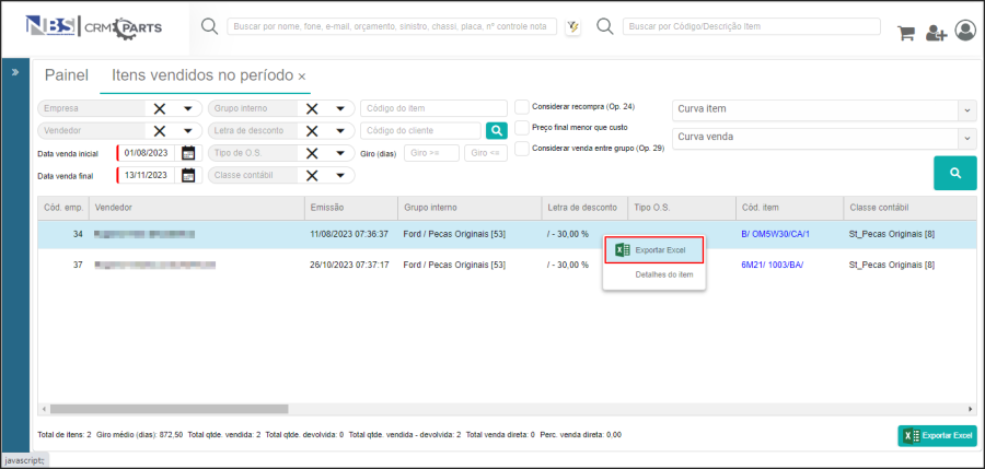 CRM Parts - Relatórios - Itens Vendidos no Período - Menu Flutuante - Exportar Excel.png