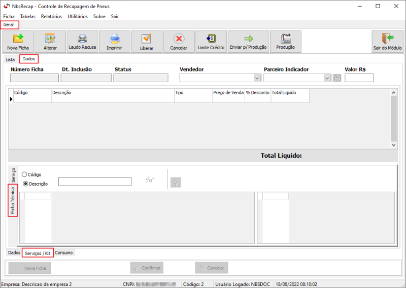 NBSRecap - Tela Menu Principal - Aba Dados - Sub Aba Servicos-Kit - Aba Ficha Tecnica.png