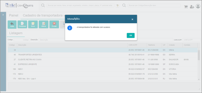 CRM Parts - Tabelas - Clientes - Transportadora - Aba Listagem - Botão Novo - Tela Informativa.png