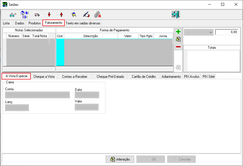 Sisfin - Contas a Receber - Nota Fiscal Venda - Form Saidas - Aba Faturamento - Sub Aba A Vista Especie.png