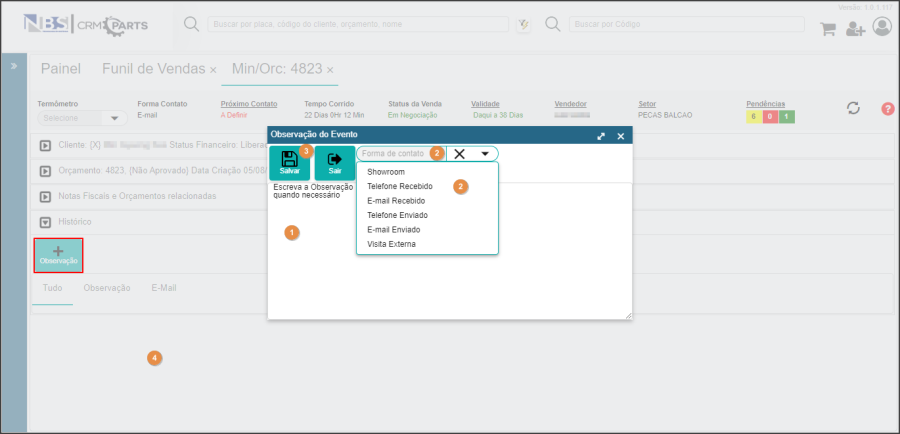 CRM Parts - Funil de Vendas - Orçamento - Aba Histórico - Botão Observação.png